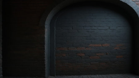 A dark and atmospheric image of a brick wall featuring an archway, highlighting texture and shadow. Perfect for creative and design projects that require an urban touch.の素材