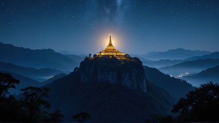 A breathtaking view of a Buddhist temple illuminated against a starry night sky, perched atop a mountain peak, offering tranquility and serenity.の素材