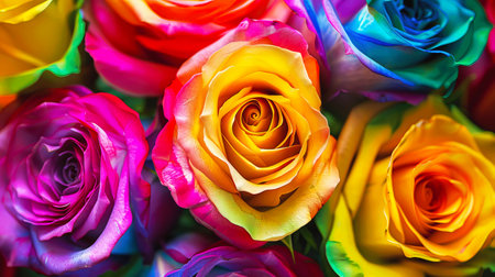 Vibrant multicolored roses closeup showcasing a spectrum of bright, vivid colors in nature's floral beauty. Perfect for backgrounds or prints.の素材