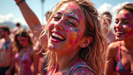 A vibrant festival scene capturing the joy and excitement of friends celebrating with colorful powders. Laughter and smiles illuminate the atmosphere under the summer sun.の素材