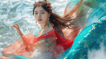 A captivating portrait of a woman in a flowing dress amidst ocean waves, capturing grace and tranquility with vibrant colors and soft focus, evoking a dreamy atmosphere.の素材