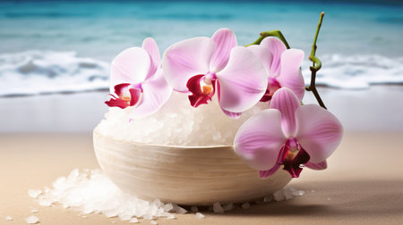 Soft pink orchid flowers elegantly placed in a bowl of sea salt, set against a serene beach backdrop, creating a tranquil and relaxing atmosphere. Perfect for spa and wellness themes.の素材