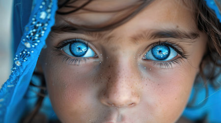 A stunning close-up portrait of a child displaying mesmerizing blue eyes beneath a delicate veil. The image encapsulates beauty and innocence, evoking emotions of wonder and serenity.の素材