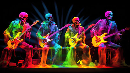 Four vibrant skeletons play electric guitars on stage, creating a lively atmosphere. This colorful performance captures the essence of music and Halloween spirit.の素材