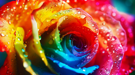 Vibrant multicolored rose covered in water droplets, showcasing a stunning spectrum of hues in close-up detail.の素材