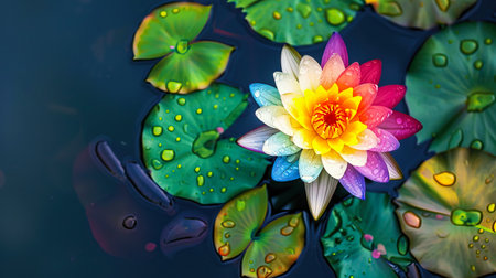 Vibrant multicolored lotus bloom surrounded by green lily pads with water droplets, creating a serene and colorful natural scene in a pond.の素材