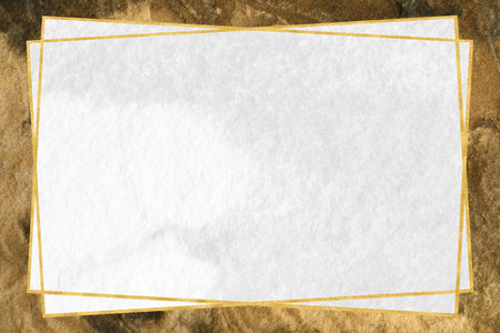 Elegant white paper with a gold border on a textured golden background, perfect for invitations, announcements, or classy presentations.の写真素材