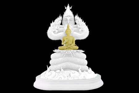 Buddha protected by the hood of the mythical king naga white color black isolatedの写真素材