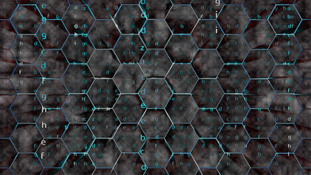 digital abstract hexagon dimension matrix alphabet wire protection light burst on center backgroundの写真素材