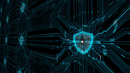 Futuristic digital shield with circuit board design represents the concept of cybersecurity protection. Ideal for use in technology and safety contexts.の写真素材