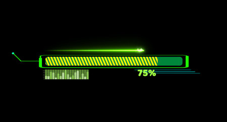 Progress bar animation with laser shoot on callout and loading bar inside green yellow fill tone with numeric and 75 percent text and bar graph motion on the black screenの写真素材