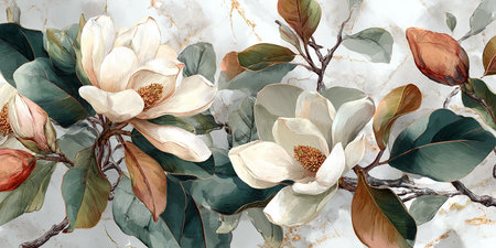 Watercolor floral background with magnolia flowers. Hand drawn illustration.の素材