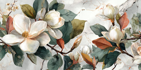 Watercolor floral seamless pattern with magnolia flowers and leaves on white marble backgroundの素材