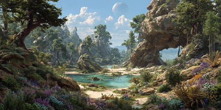 Fantasy landscape with lake and rocks. 3d render illustration.の素材