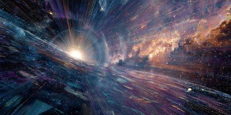 Futuristic space tunnel with stars and nebula. 3D renderingの素材