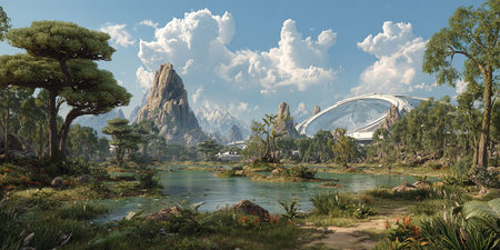 Fantasy alien planet. Mountain and lake. 3D illustration.の素材
