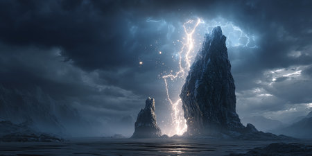 Fantasy alien planet. Mountain and sky. 3D illustration.の素材