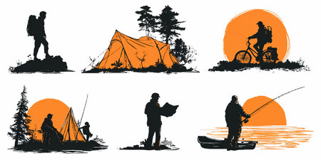 Set of silhouettes of men and women camping. Vector illustration.のイラスト素材