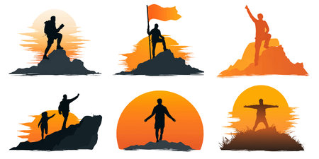set of silhouettes of people on top of the mountain, vector illustrationのイラスト素材