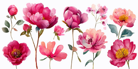 Set of watercolor peony flowers isolated on white background. Vector illustration.のイラスト素材