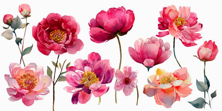 Set of watercolor peony flowers. Hand drawn vector illustration.のイラスト素材