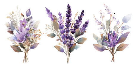Watercolor lavender flowers bouquets isolated on white background.のイラスト素材