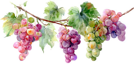Bunch of grapes. Watercolor hand drawn illustration on white backgroundのイラスト素材