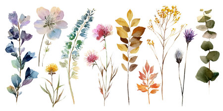 Watercolor floral set. Hand painted wildflowers, leaves and branches isolated on white background.のイラスト素材