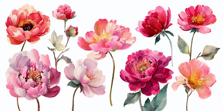 Watercolor peony flowers set isolated on white background. Vector illustration.のイラスト素材