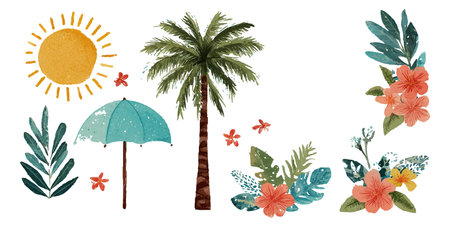 Set of hand drawn tropical flowers, leaves, umbrellas and sun. Vector illustration.のイラスト素材