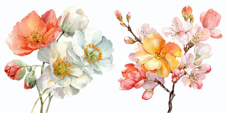 Watercolor spring flowers set, hand painted isolated on a white backgroundのイラスト素材