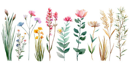 Set of watercolor flowers and herbs. Hand drawn vector illustration.のイラスト素材