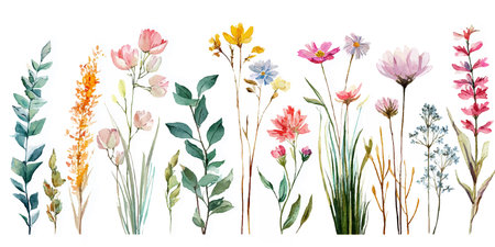 Watercolor set of wildflowers and herbs. Hand drawn illustration.のイラスト素材
