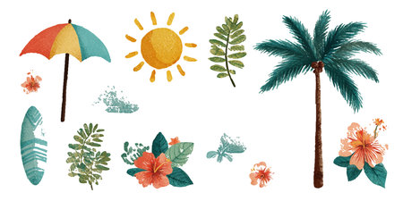 Set of hand drawn tropical plants, leaves and sun. Vector illustration.のイラスト素材