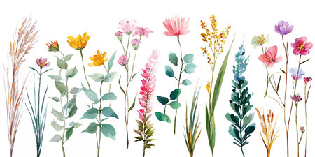 Watercolor vector set of flowers and herbs. Hand drawn illustration.のイラスト素材