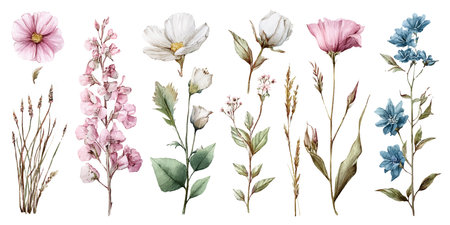 Watercolor set of wild flowers. Hand painted illustration isolated on white backgroundのイラスト素材