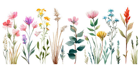 Watercolor hand drawn set of wild flowers and herbs. Isolated on white background.のイラスト素材