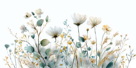 Beautiful watercolor floral composition with white flowers and blue leaves.のイラスト素材