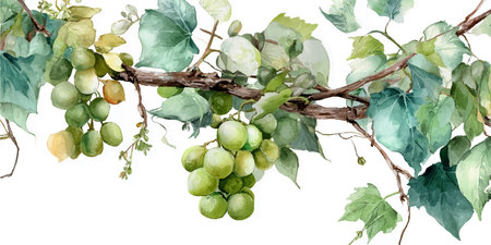Watercolor illustration of green grapes on a branch. Hand-drawn illustration.のイラスト素材