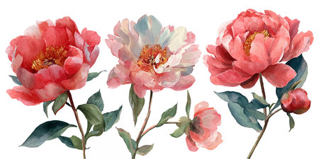 Set of watercolor peony flowers. Hand drawn vector illustration.のイラスト素材