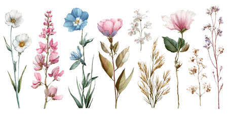 Watercolor set of wild flowers. Hand painted illustration isolated on white backgroundのイラスト素材