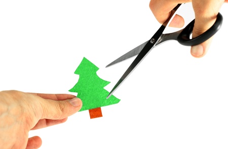 Small paper tree threatened by opened scissorsの写真素材