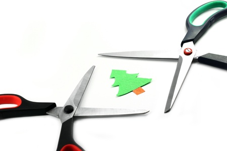  Small paper tree threatened by two opened scissors の写真素材