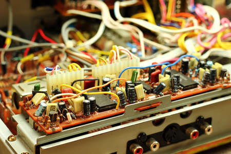 Microchips, wires and capacitors inside deviceの写真素材
