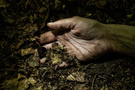 Dirty woman hand on forest floor lightened by flashlight. Kidnapping and crime concept. 