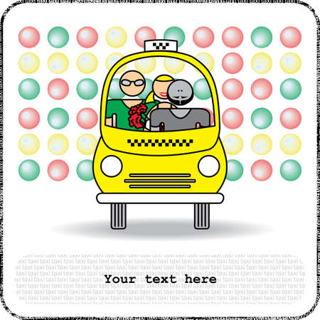 Postcards man and woman in yellow taxiのイラスト素材