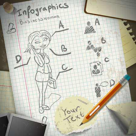 Set for infographics with stationery and business woman drawing pencilのイラスト素材