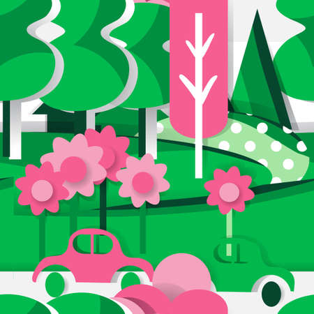 seamless pattern of green countryside of cardboard figures のイラスト素材