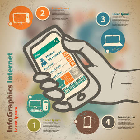 Template for infographic with hand with smartphone in vintage styleのイラスト素材