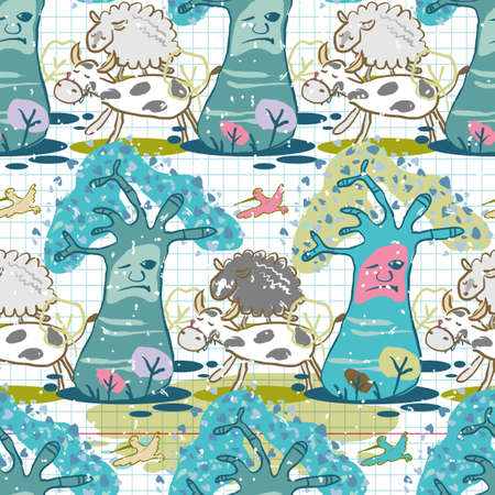Seamless pattern of forest clearing and animalsのイラスト素材
